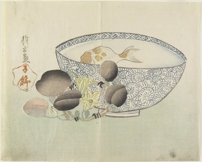 Fish in Bowl of Water, Flowering Branch with Fruit by Hogyoku